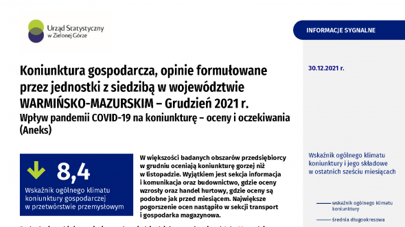 Koniunktura gospodarcza w województwie warmińsko-mazurskim w grudniu 2021 r. Wpływ pandemii COVID-19 na koniunkturę – oceny i oczekiwania (Aneks)