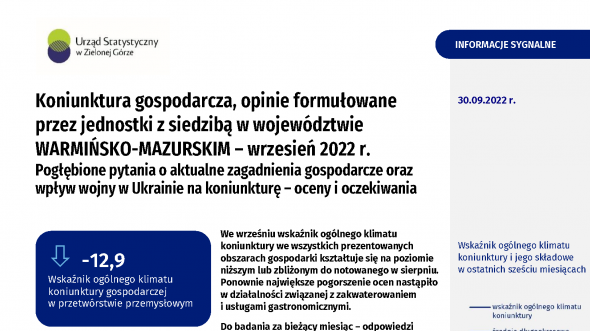 Koniunktura gospodarcza w województwie warmińsko-mazurskim we wrześniu 2022 r.
