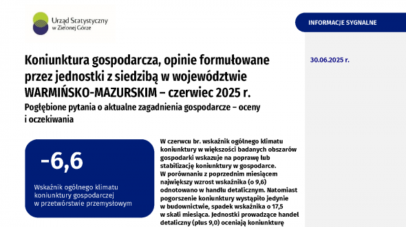 Koniunktura gospodarcza w województwie warmińsko-mazurskim w czerwcu 2025 r.