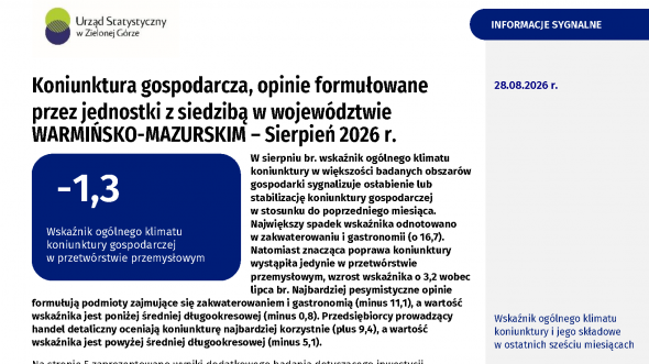 Koniunktura gospodarcza w województwie warmińsko-mazurskim w sierpniu 2026 r.