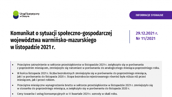 Komunikat o sytuacji społeczno-gospodarczej województwa warmińsko-mazurskiego w listopadzie 2021 r.