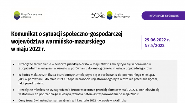 Komunikat o sytuacji społeczno-gospodarczej województwa warmińsko-mazurskiego w maju 2022 r.