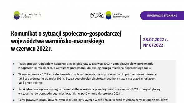 Komunikat o sytuacji społeczno-gospodarczej województwa warmińsko-mazurskiego w czerwcu 2022 r.