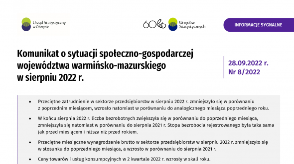 Komunikat o sytuacji społeczno-gospodarczej województwa warmińsko-mazurskiego w sierpniu 2022 r.