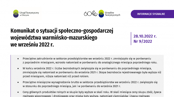 Komunikat o sytuacji społeczno-gospodarczej województwa warmińsko-mazurskiego we wrześniu 2022 r.