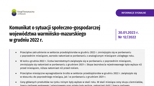 Komunikat o sytuacji społeczno-gospodarczej województwa warmińsko-mazurskiego w grudniu 2022 r.