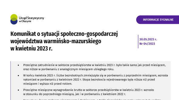 Komunikat o sytuacji społeczno-gospodarczej województwa warmińsko-mazurskiego w kwietniu 2023 r.