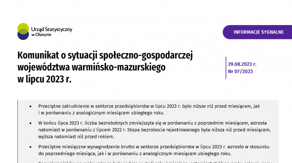 Komunikat o sytuacji społeczno-gospodarczej województwa warmińsko-mazurskiego w lipcu 2023 r.