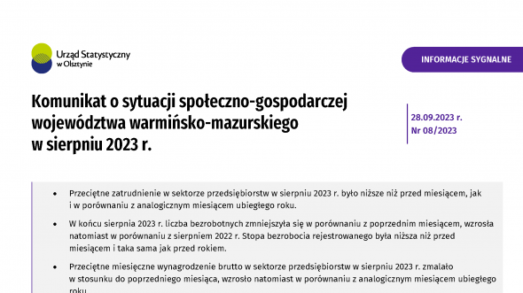 Komunikat o sytuacji społeczno-gospodarczej województwa warmińsko-mazurskiego w sierpniu 2023 r.