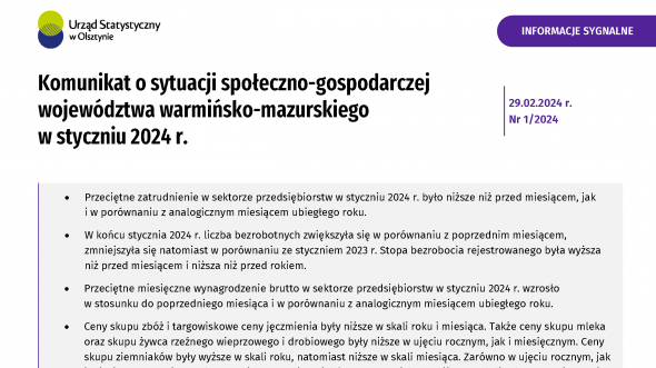 Komunikat o sytuacji społeczno-gospodarczej województwa warmińsko-mazurskiego w styczniu 2024 r.