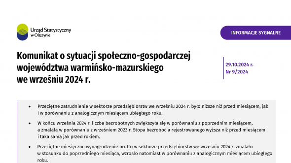 Komunikat o sytuacji społeczno-gospodarczej województwa warmińsko-mazurskiego we wrześniu 2024 r.