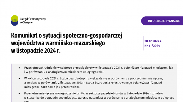 Komunikat o sytuacji społeczno-gospodarczej województwa warmińsko-mazurskiego w listopadzie 2024 r.