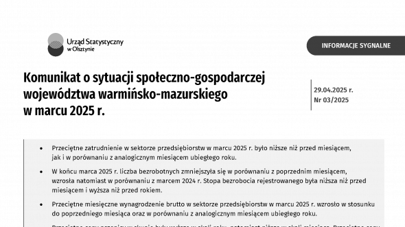 Komunikat o sytuacji społeczno-gospodarczej województwa warmińsko-mazurskiego w marcu 2025 r.