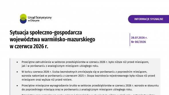 Sytuacja społeczno-gospodarcza województwa warmińsko-mazurskiego w czerwcu 2026 r. (wcześniej Komunikat o sytuacji społeczno-gospodarczej województwa warmińsko-mazurskiego)
